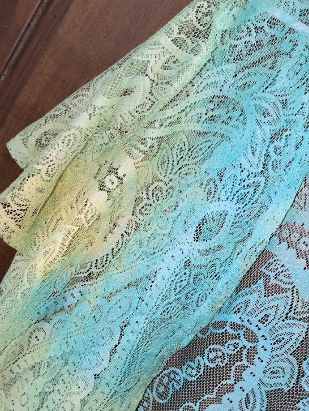 Sheer Lace Fringe Kimono in Aqua-Green And Yellow. No Tags Hand Ice Dyed